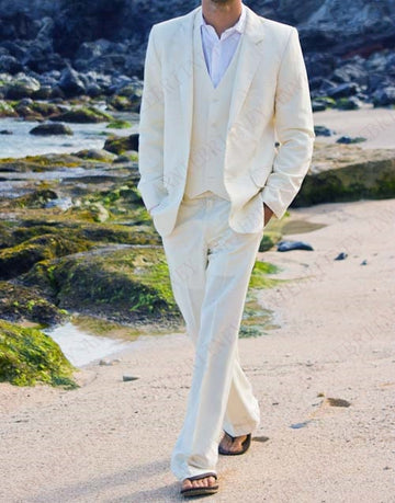 Aidase 2021 Men Suit Linen Beige For Beach Wedding Casual Man Blazer Custom Groom Tuxedo Jacket Pants Set Mens Suits 3 Pieces aidase-shop